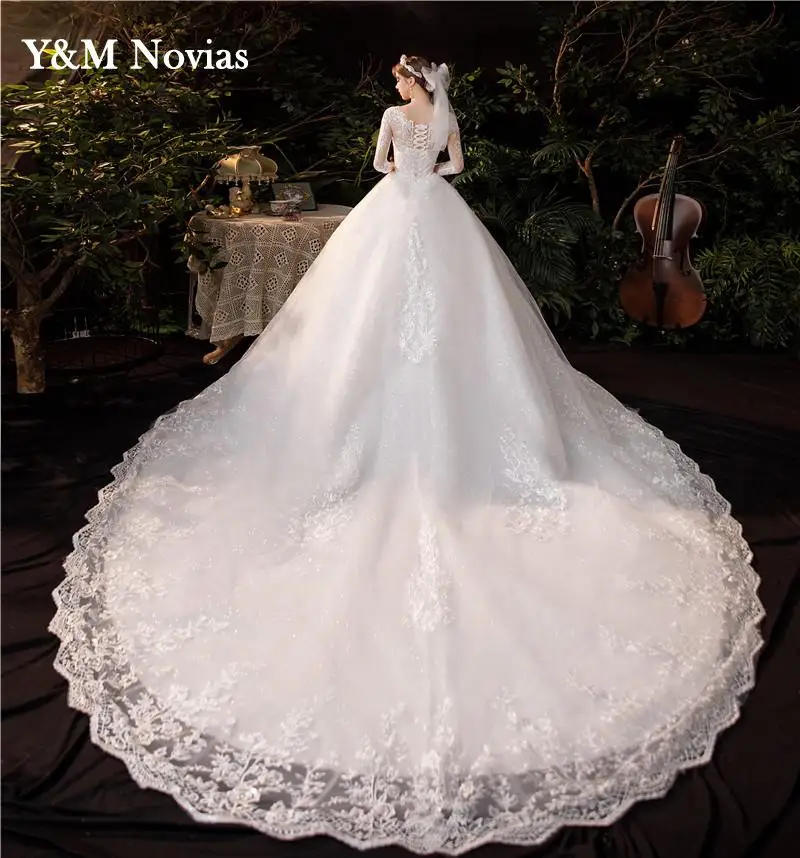 Y&M Novias New Luxury Long Lace Dresses Applique With Sleeve Royal Train princess Wedding Dress Embroidery Bride Dress Plus Size