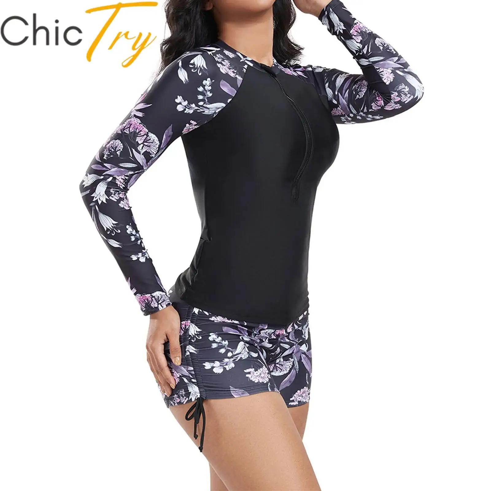 

Womens Swim Sets Floral Print 2-piece Rash Guard Swimsuit Top and Side Drawstring Boyshort Shorts Surfing Diving Bathing Suit