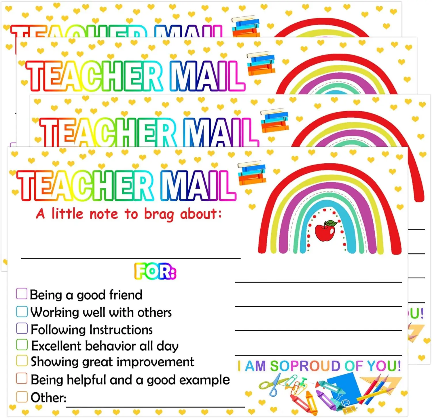 6*4inch Rainbow Happy Mail Teacher Notes to Parents Classroom Good Behavior Incentive Motivational Cards 50 Pcs