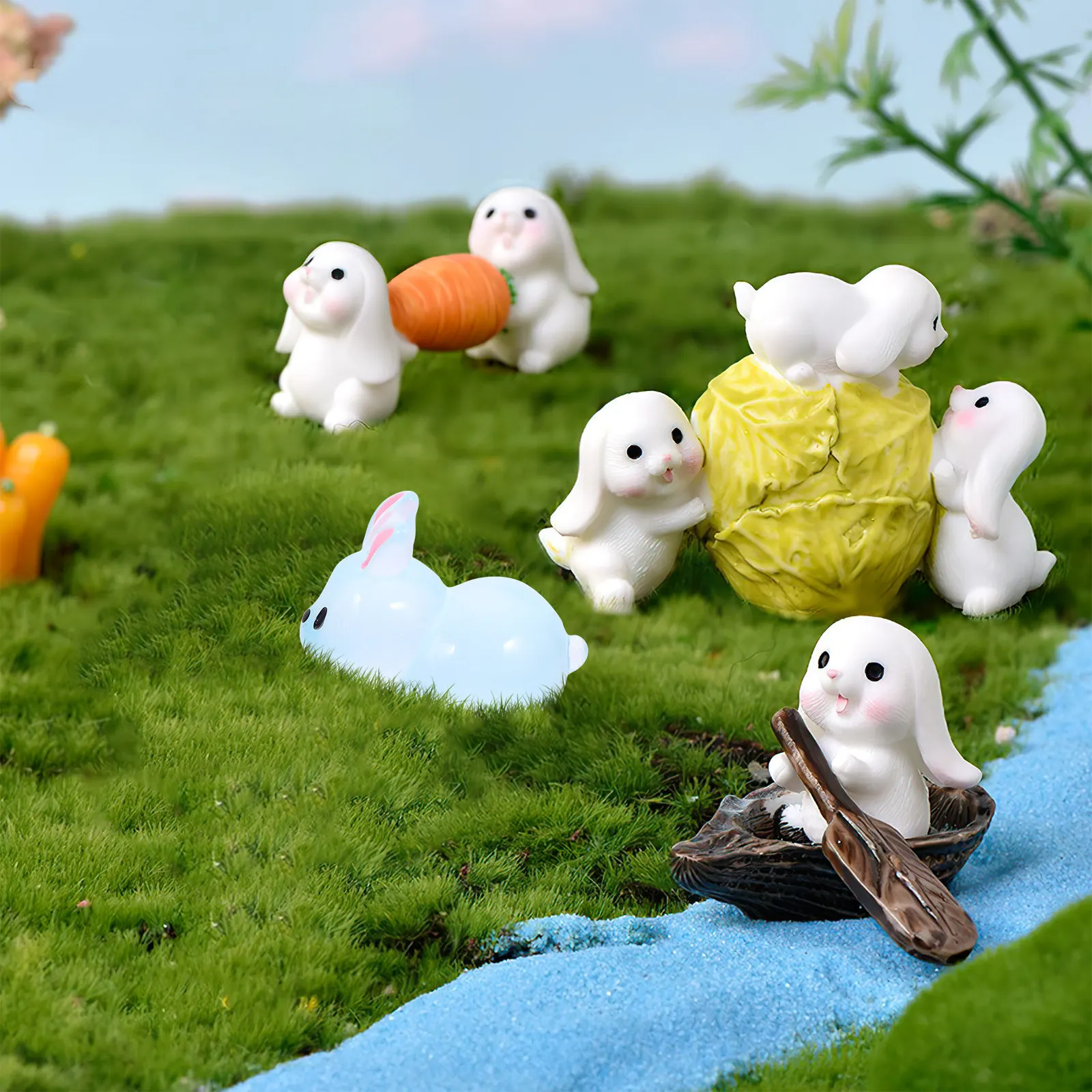 25Pcs Resin Luminous Bunny Ornament Vivid Cartoon Style Micro Landscape Decor for Desk Garden Mini House Cake Easter Gift Kids