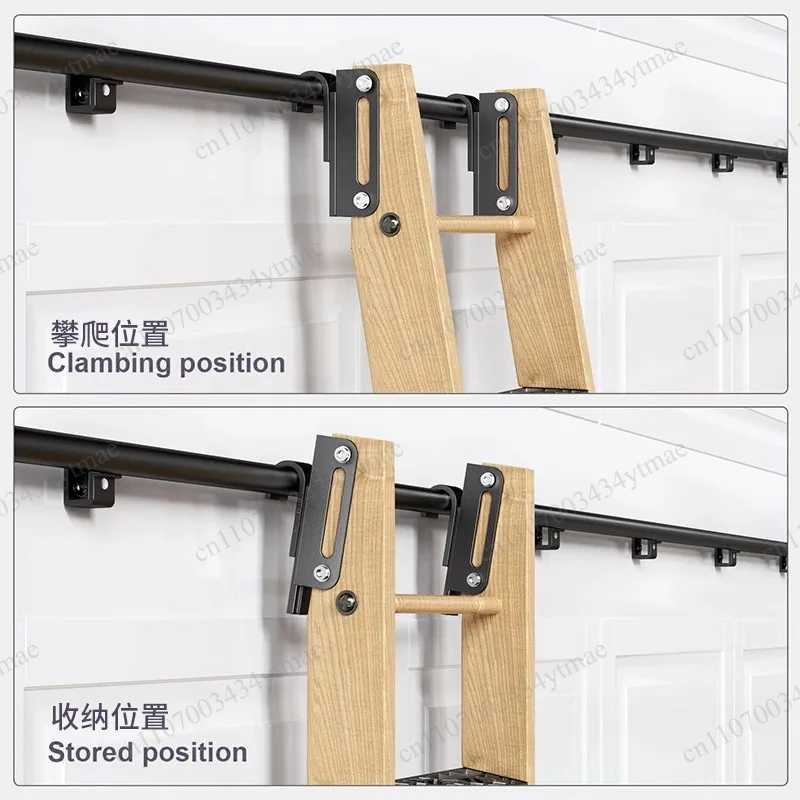 Wall‑Mounted Adjustable Attic Library Ladder, Black Carbon‑Steel Mobile Track Step Stair, Household Indoor Bookcase Access Tool