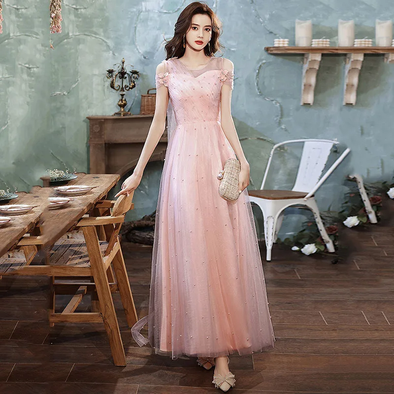 

Women Pink Beading Formal Prom Dresses Robe De Soiree Fairy Long A Line Tulle Evening Gowns