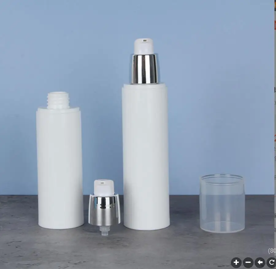Butelka airless 100 ml, biały korpus z białą pompką, opakowanie kosmetyczne na balsam/serum/emulsję/podkład/toner/wodę.