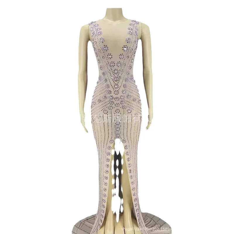 

Brand Sexy Elegant Front Split Sleeveless Long Ball & Party Dress - Sparkling Crystal & Rhinestone For Women Performance Outfits