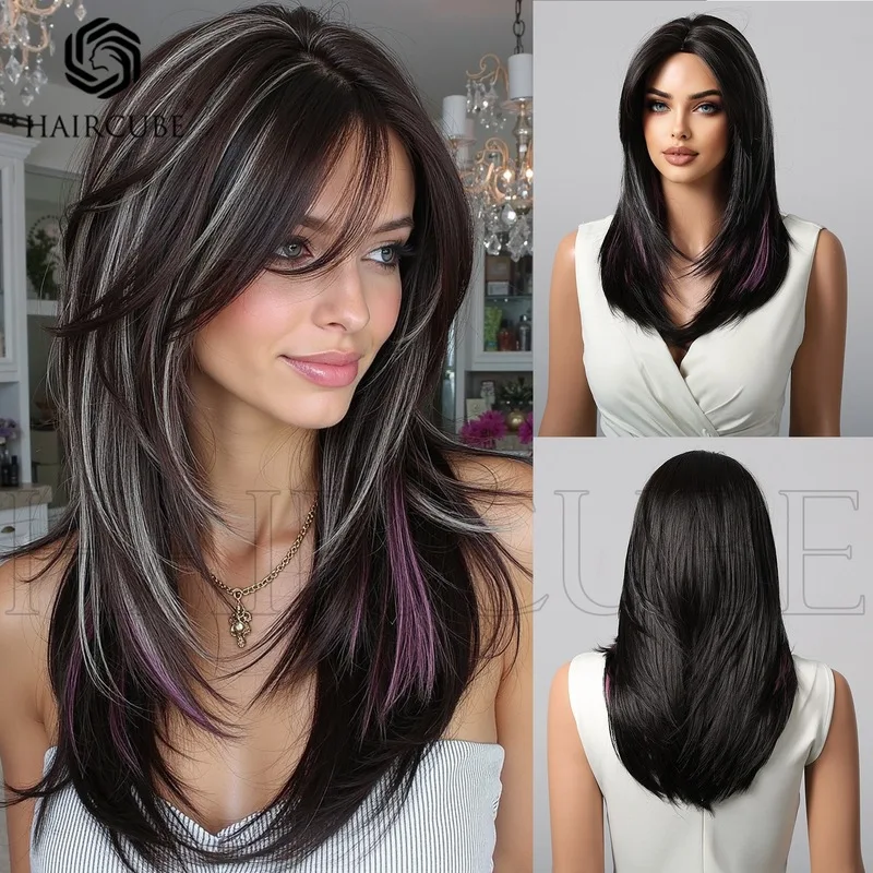 Middle-parted, elegant, medium-length layered synthetic fiber wig for women in a sweet and cool style
