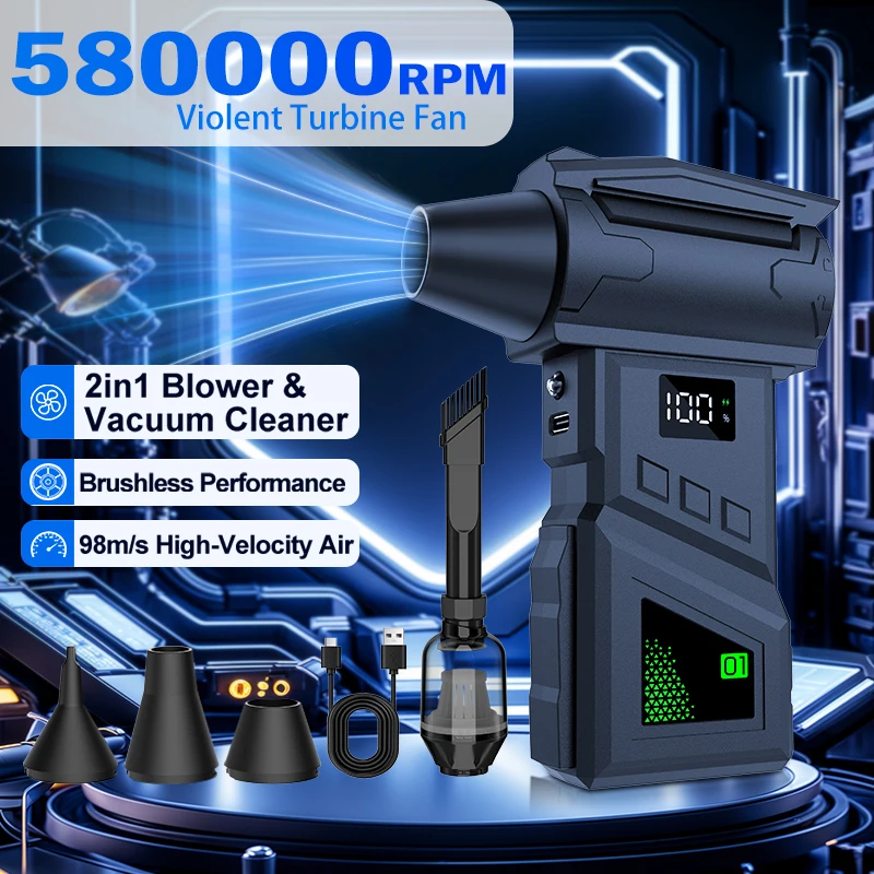 Ventilador Turbo de Alta Potencia de 580000 RPM, Soplador de Aire Inalámbrico y Aspiradora, 5 Velocidades Ajustables, Equipado con Pantalla LED y Luz