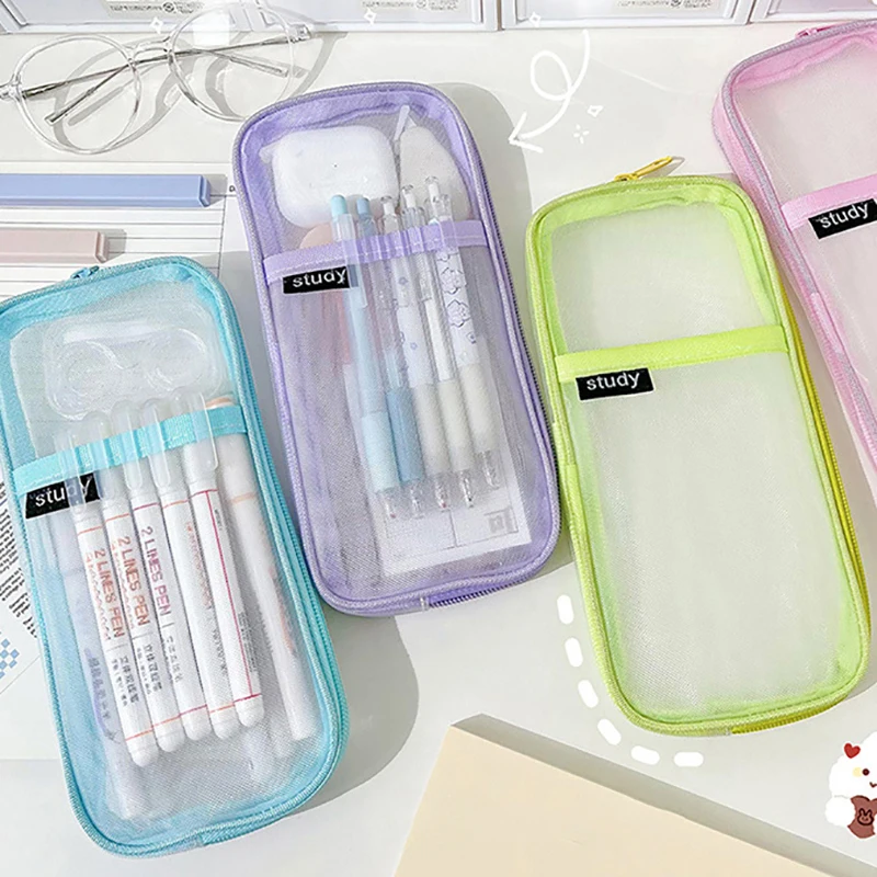 Simple Transparent Pencil Case Fashion Mesh Large Capacity Casual Zipper Pouch Pen Bag Stationery Storage Bag School Supplies