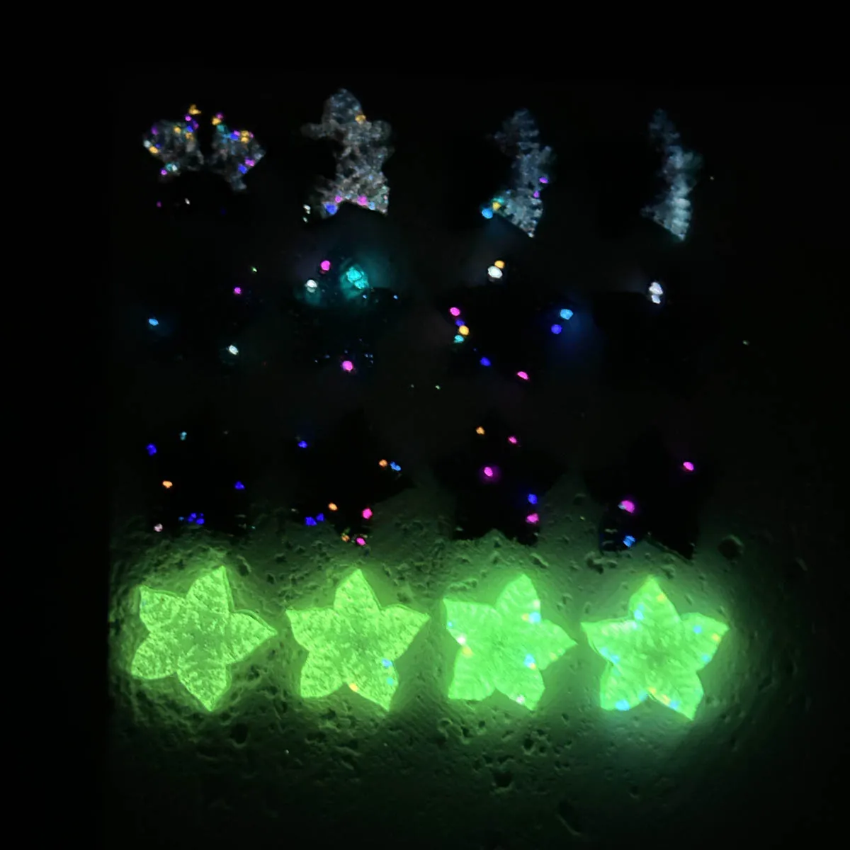 20PCS 3D 반투명 창의적인 오각형 잎 네일 아트 장식 발광 컬러풀한 미세 글리터 스타 네일 참 DIY 매니큐어