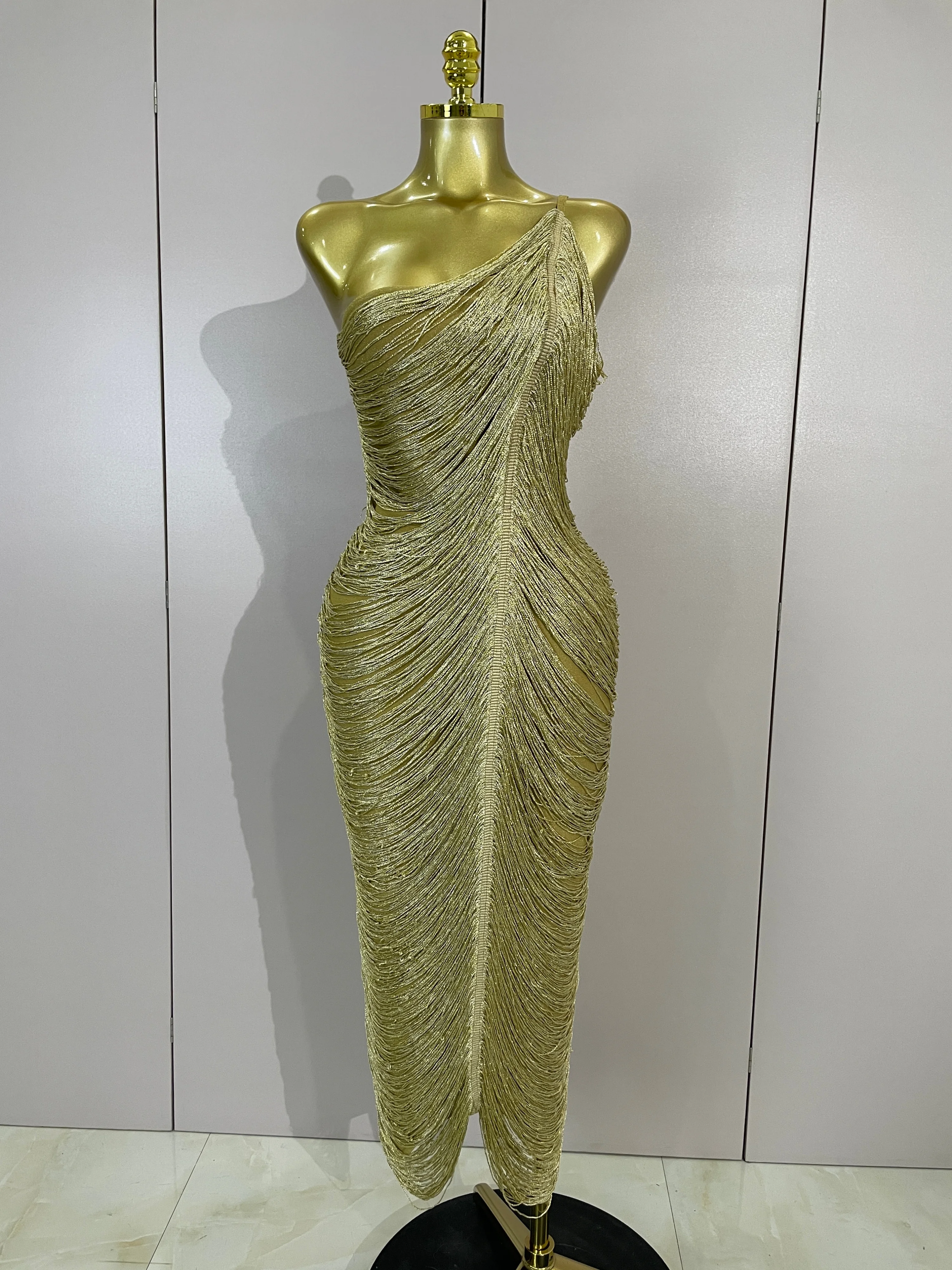 

Women Sexy Gold Tassels One Shoulder Bodycon Bandage Dress Elegant Celebrity Evening Party Nightclub Bar Birthday Cocktail Dress