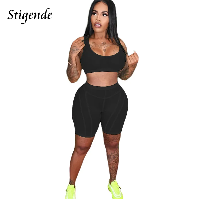 Stigende Women Sexy Mesh Two Piece Set Summer Transparent Outfit See Through Crop Tank Top and Shorts Patchwork Skinny Tracksuit