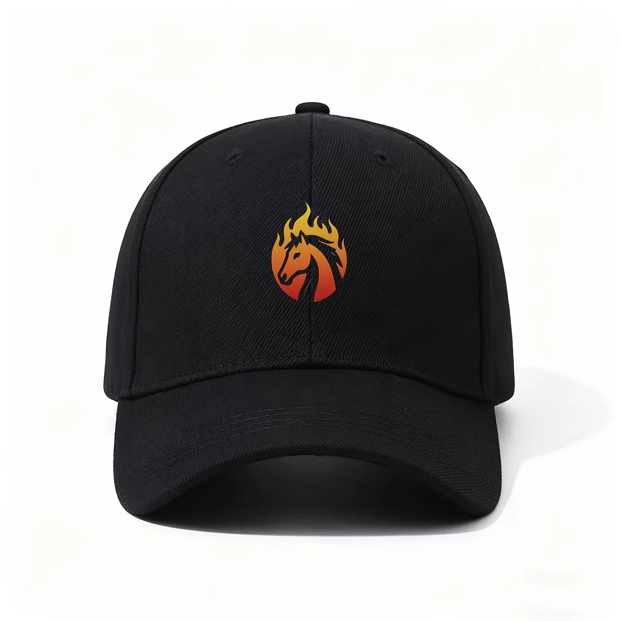Fiery Horse Head Print Baseball Cap, with Gradient Flame Horse Graphic, Vibrant Warm Color Scheme, Breathable Fabric for Everyda