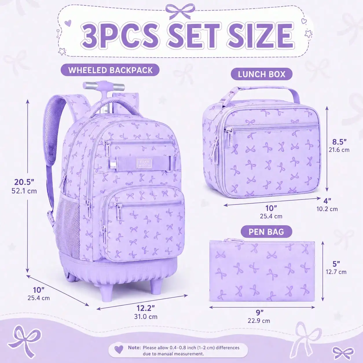 Girls Rolling Backpack, Women Roller Bookbag With Lunch Box For Adults, Water Resistant Wheeled School Bag For College Teens Kids Travel - Purple Bow