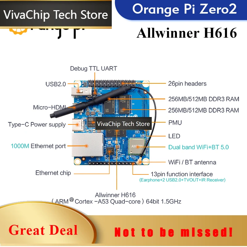 VivaChip TechOrange Pi Zero 2 + Power Supply + Case Single Board Computer 1GB Ram BT5.0 WIFI Run Android10 Ubuntu Debian OS Deve