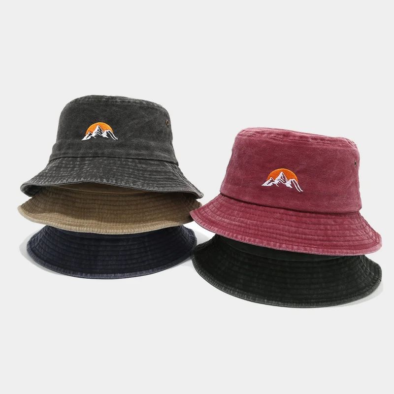 Vintage Washed Mountain Sunset Embroidered Bucket Hat, Casual Outdoor Sun Cap for Men Women