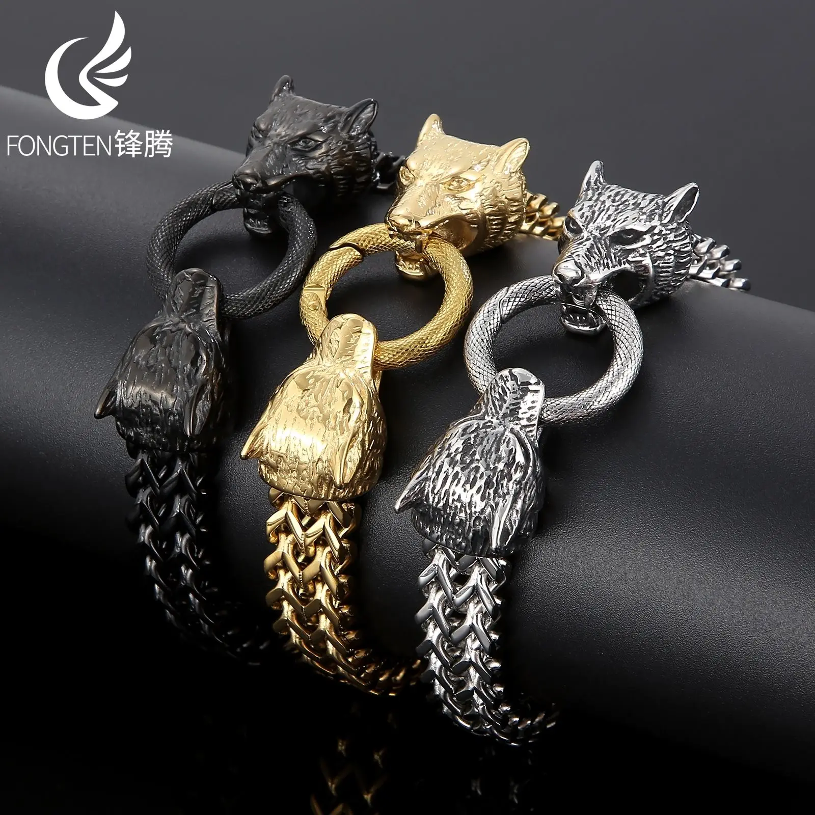 

Fongten Viking голова волка из нержавеющей стали мужской браслет в стиле панк модный рэп певец плетение цепочка модные украшения подарки другу