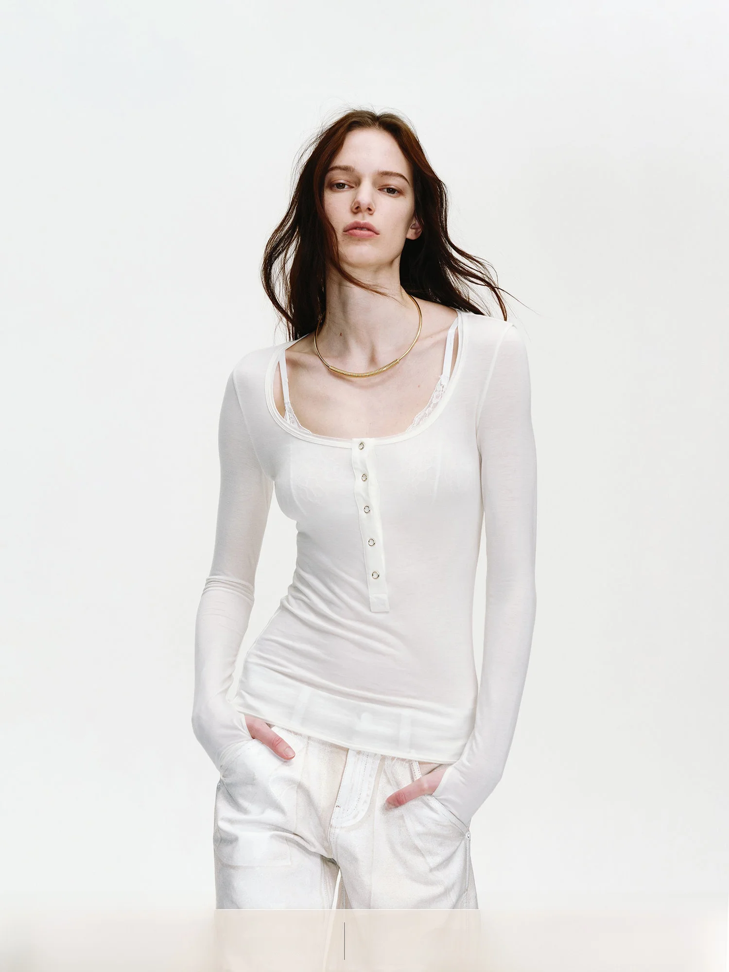 

Fuzhen Long Sleeve Knitted Wool Blend T-Shirt U-Neck Base Layer Top Women's Slim Fit Henry Collar Long Sleeve Knitwear