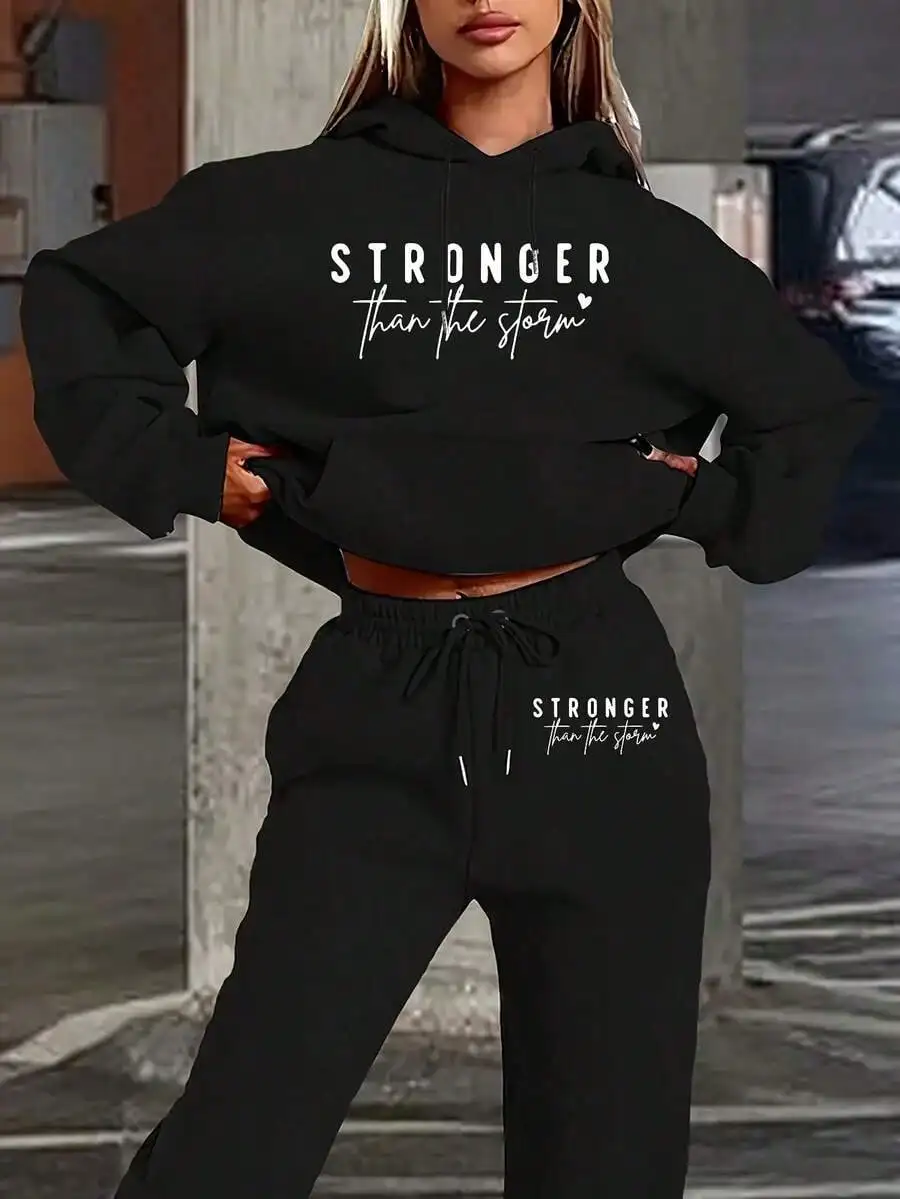 

Women's Black Cropped Hoodie with 'Stronger Than The Storm' Print, Loose Fit, Autumn Winter Casual Wear