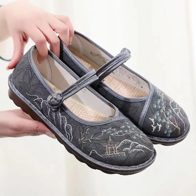 New Woman\'s Summer Shallow Cloth Shoes Soft Sole Ancient Style Embroidered Hanfu Shoes Ethnic Style Retro Nude Shoes