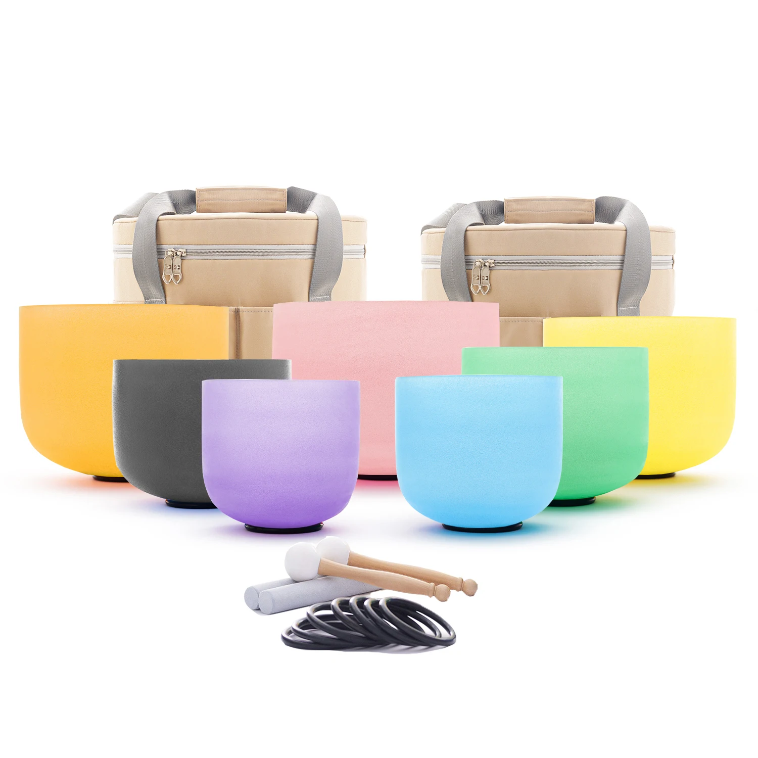 Hye-eun 7-12 Inch Colored Chakra Frosted Quartz Crystal Singing Bowl Set 7 pcs With/without Carring Case Suede Sticks Mallet