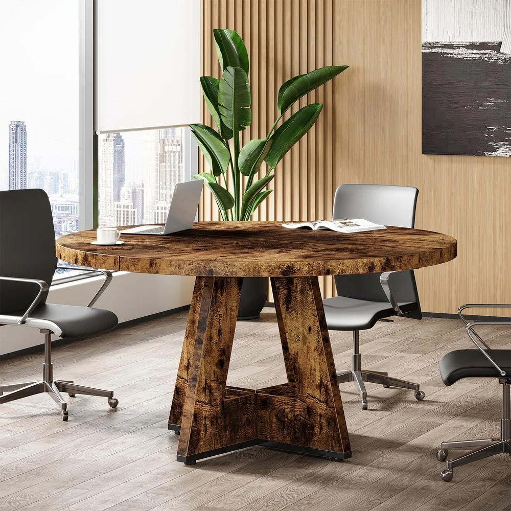 47 Inch Round Conference Table for 4 6 People Wooden Meeting Room Table with Thicken Tabletop and Wood Base (Dark Brown)
