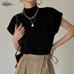 Shirt and Blouses Woman Stand-up Collar Knitted Vest Loose Elegant Tops Women Short Sleeve Office Lady 2024 Fashion 18842