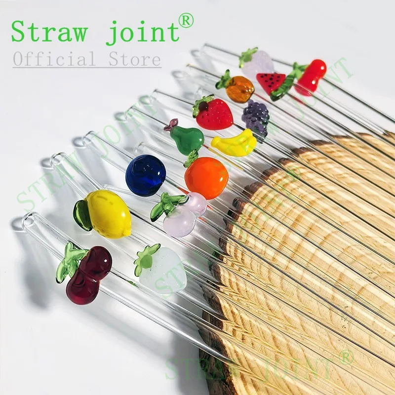 2pcs/box 200*8mm Autumn Harvest Fruit Series Glass Straws with Shaped Decorative Attachments – Heat-Resistant & Creative Straws