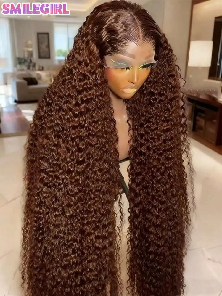 

Chocolate Brown Deep Wave Human Hair Wigs 13X6 Hd Lace Frontal Wig Curly Lace Front Wigs 250 Density Preplucked Prebleached 32In