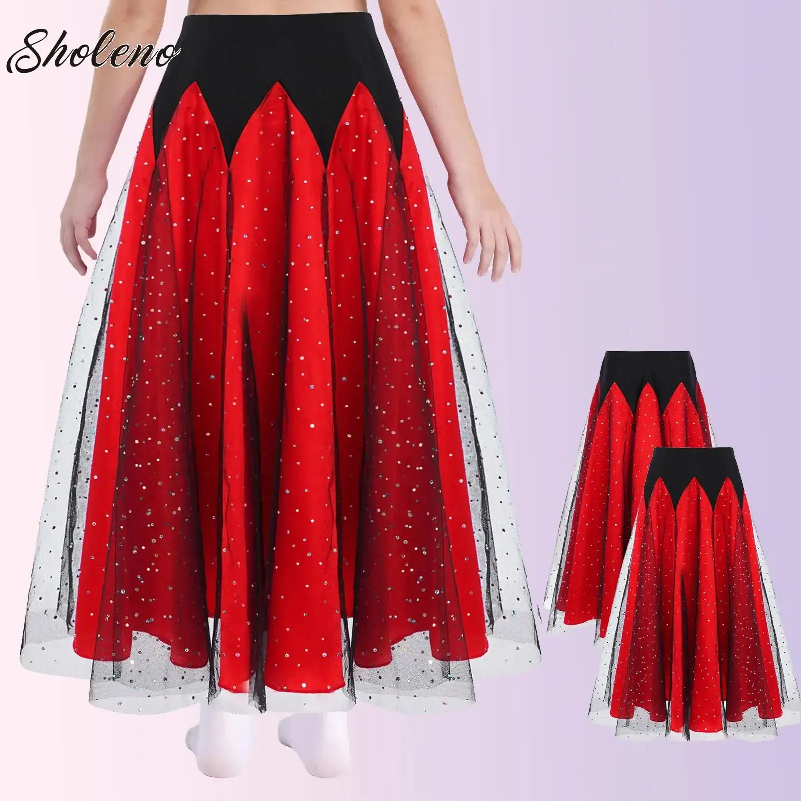 

Kids Girls Waltz Ballroom Dance Dress Performance Costume Elastic Waistband Glittery Sequin Color Block Ruffled Tulle Maxi Skirt