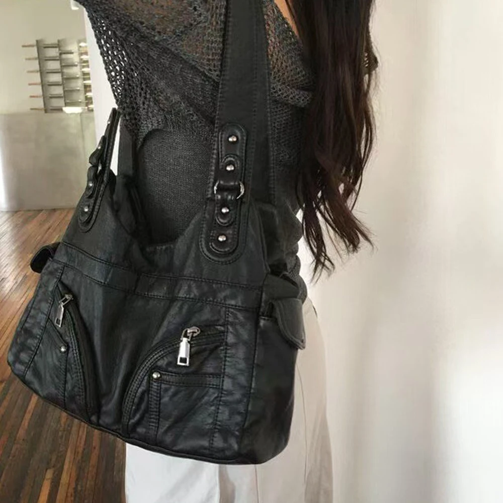 Punk Multiple Pockets Tote Women Shoulder Bag Soft PU Leather Motorcycle Bags for Women Handbags Fashion Commuting Shopper NEW