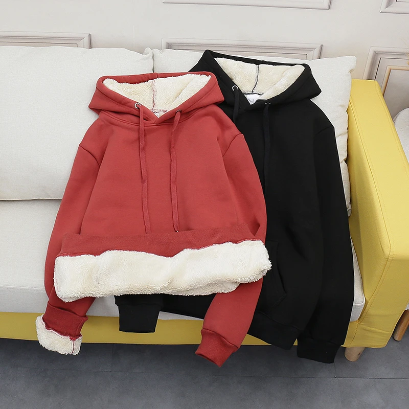 

Women's Lambswool Hooded Hoodies Korean Style Solid Color Oversized Sweatshirts Fall Winter Fleece Thick Warm Pullovers