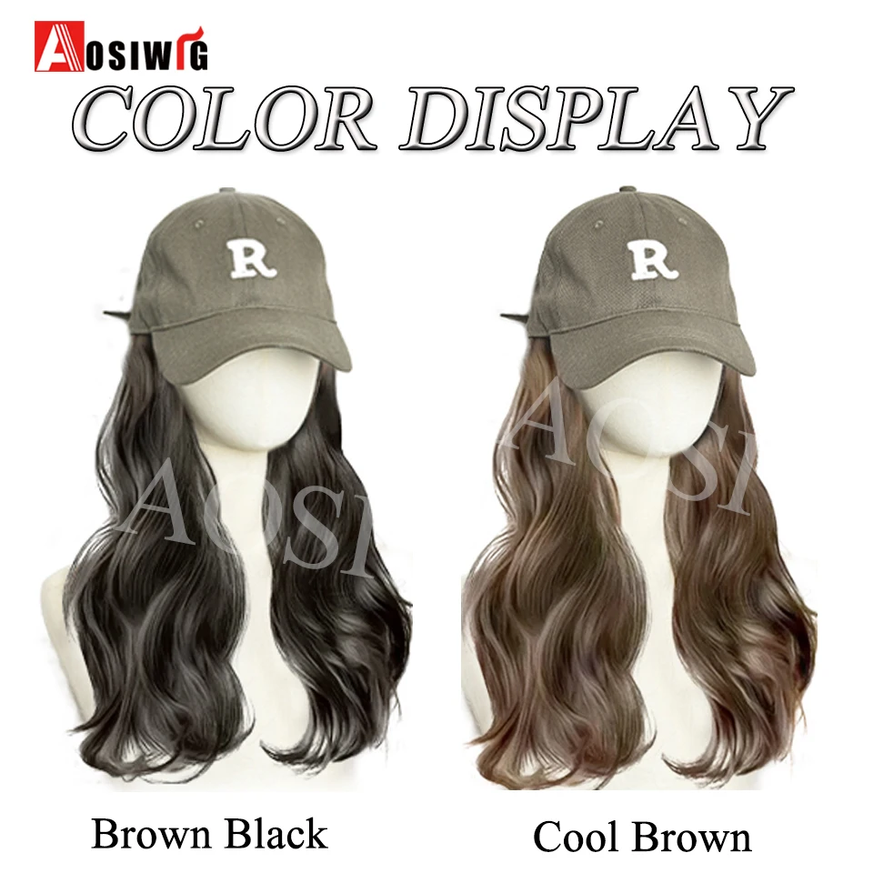 AOSI 16Inch Long Wavy Wig Synthetic Wig Baseball Cap Extensions Hat Wigs Cold Brown Adjustable Hairpiece for Women Daily Wear