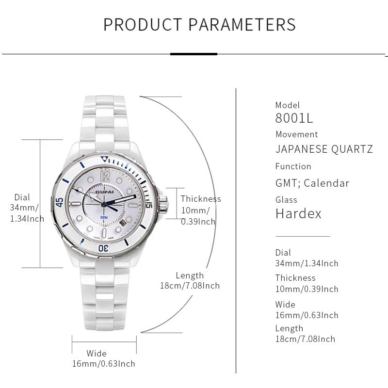 Opai round dial, white ceramic strap watch, women's rotatable bezel, quartz move, date, waterproof, women's watch, stylish