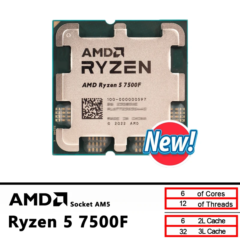 

AMD Ryzen 5 7500F R5 7500F 3,7 ГГц 6-ядерный 12-поточный процессор 5NM L3=32M 100-000000597 Разъем AM5 Лоток Новый, но без кулера