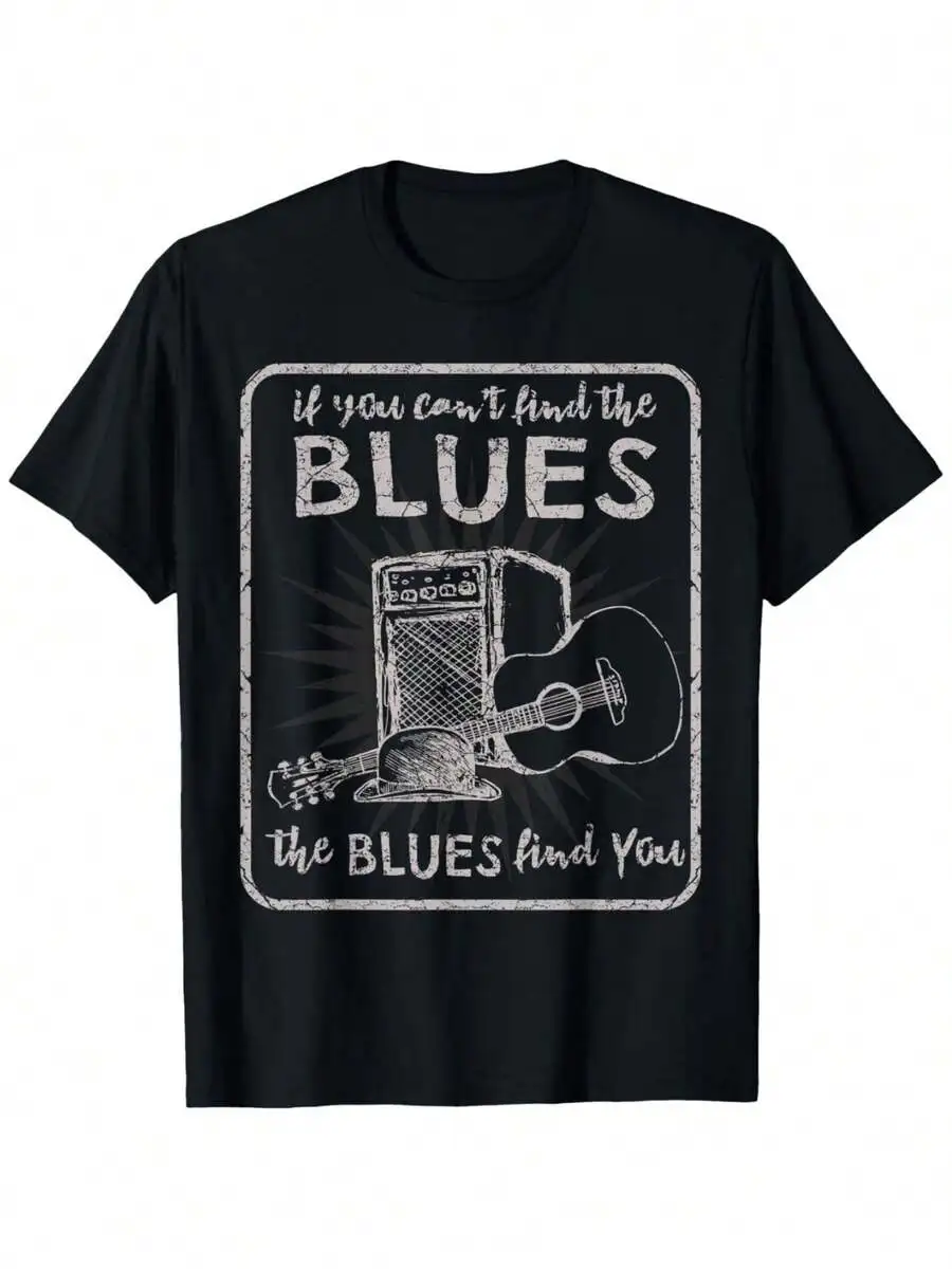 Men's Graphic Print Crew Neck T-Shirt, 1 Piece Vintage Blues Guitar Graphic T-Shirt For Men, Fabric T-Shirt, Crew Neck, Short Sl