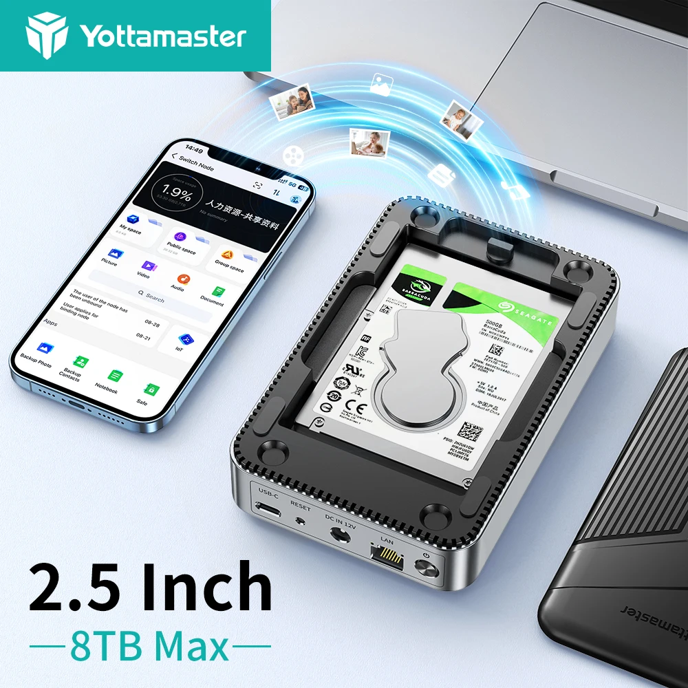Yottamaster 네트워크 스토리지, SATA 하드 드라이브 인클로저, NAS 개인 클라우드 스토리지 지지대, 자동 백업, 원격 액세스, 2.5 인치