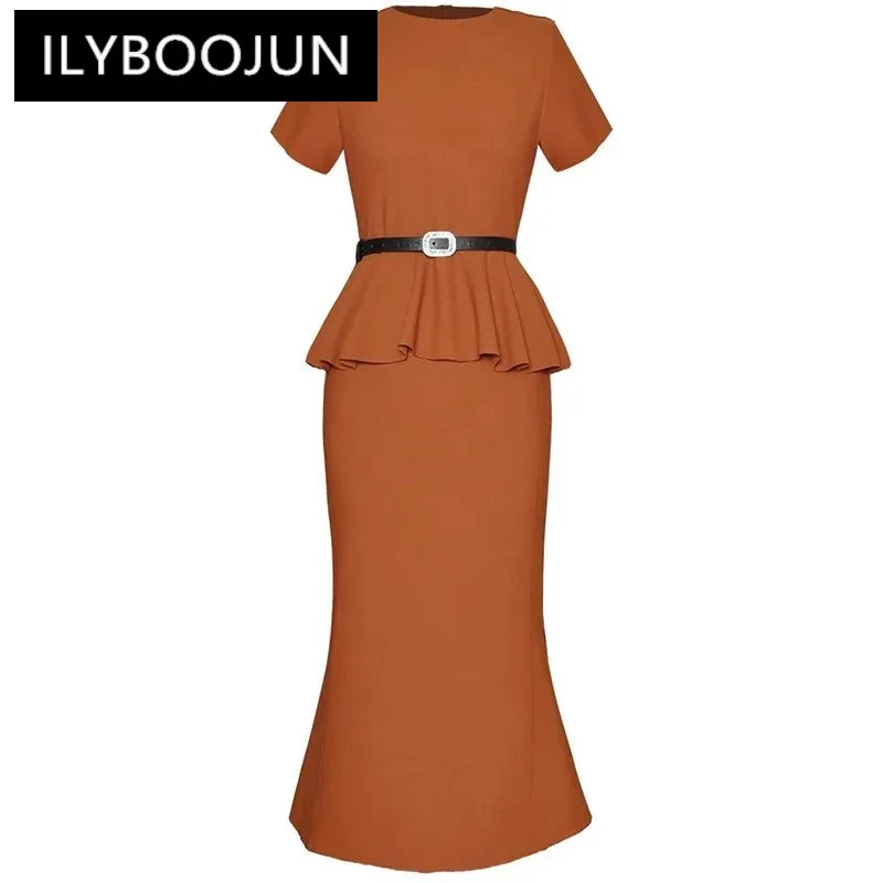 

ILYBOOJUN Fashion Designer spring Summer Women's Dress O-Neck Short Sleeve Lace-Up Flounced Edge Commuter Mermaid Dresses