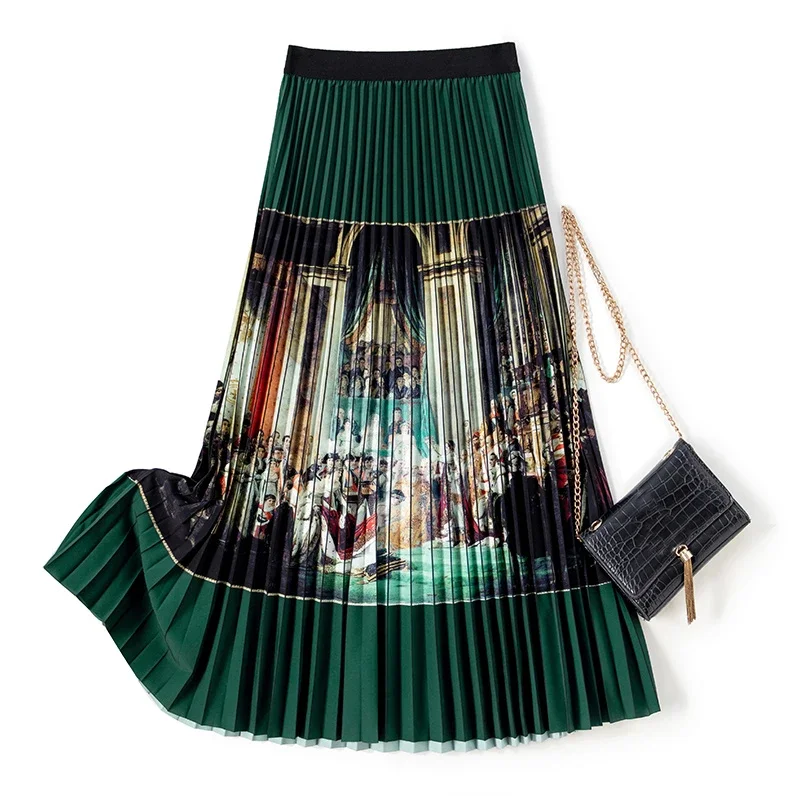 Vintage Printed A-line Pleated Long Skirts Paint Floral Striped Drape Spring Calf Skirts