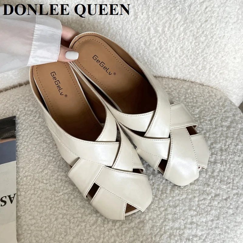 Fashion Women Slippers Square Toe Shallow Slip On Mules Shoes 2024 Summer Gold Sliver Slides Slipper Flats Heel Flip Flops Mujer