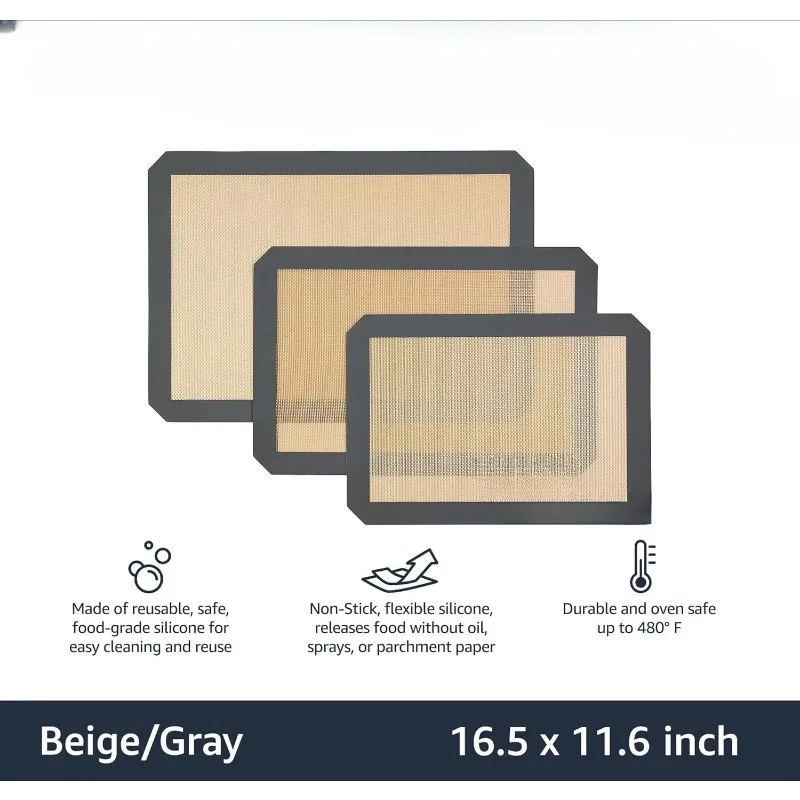 Rectangular Silicone, Non-Stick, Food Safe Baking Mat, Pack of 3, Beige/Gray, 16.5