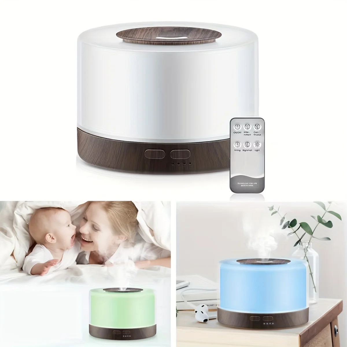 Diffuser untuk Rumah Set Diffuser Biji Kayu Bergaya 500Ml Pelembap Udara Kabut Dingin dengan Remote 7 Warna LED 6 Minyak Esensial untuk H