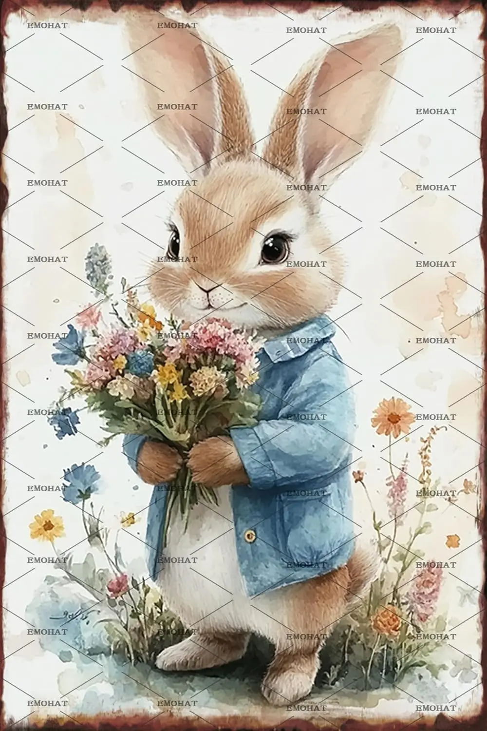 EMOHAT Easter Signs Baby Bunny Metal Tin Sign, Vintage Rustic Wall Art for Spring Decor,   Primitive Country Rabbit Art for Kids