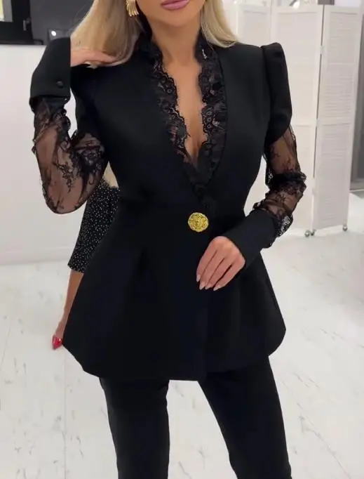 Damen-Anzugmantel, Pendler-Wimpern-Spitzenbesatz, tiefer V-Ausschnitt, Puffärmel, einreihiger Mantel, Spitze, gespleißte Taille, A-Linie, Blazer-Mantel