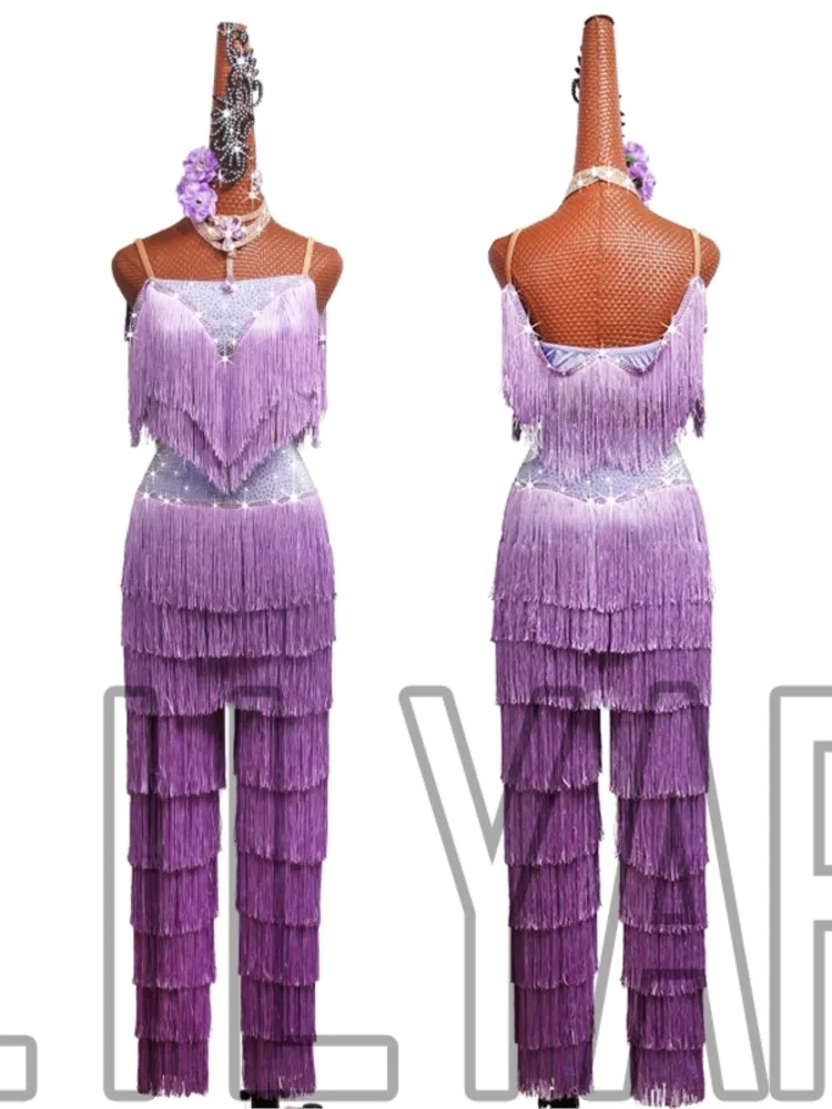 

New Latin Competition Performance Adult Female Purple Tassel Shining Diamond Long Legged Pants Split Dance Skirt