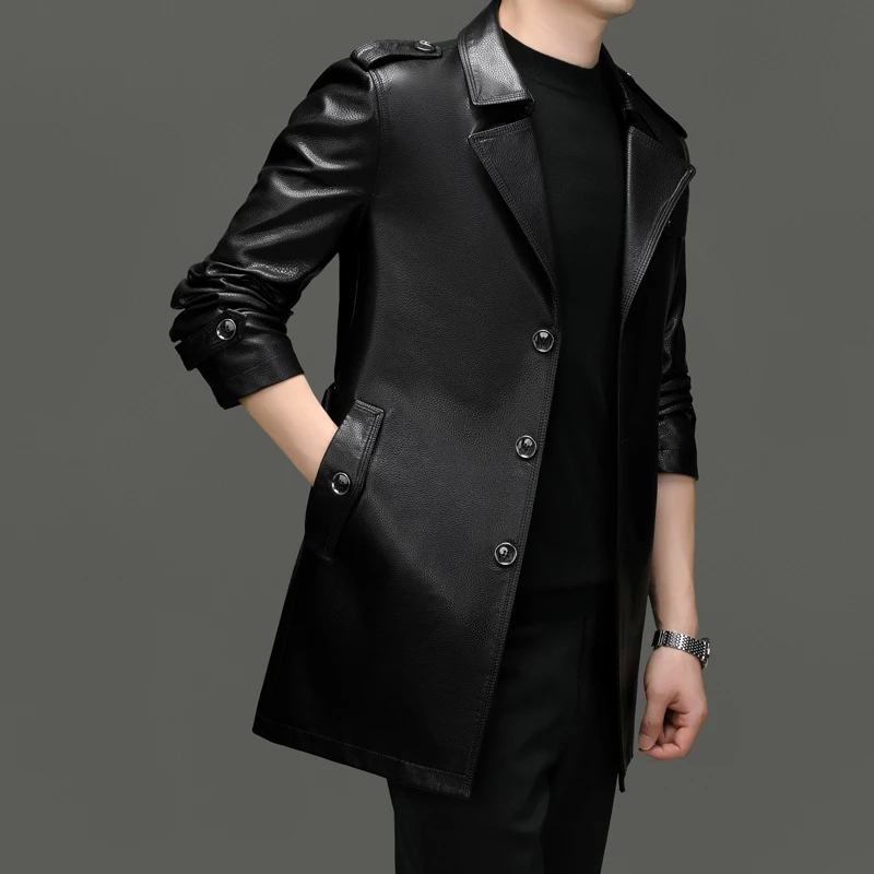 2026 Spring/Autumn New Men's Suit Collar, Medium to Long PU Leather Windbreaker Coat, British Style Lace up Business Casual Coat