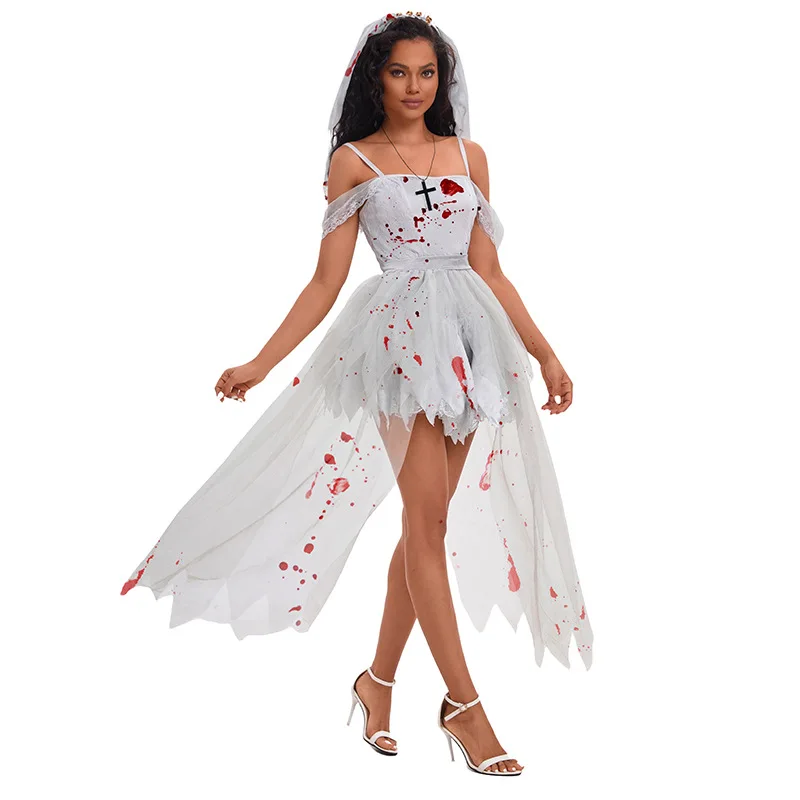 

Spring 2025 New Halloween Cosplay Ghost Bride Irregular Mesh Dress Sexy Suspenders Veil Gray Stage Dress Princess Clothing