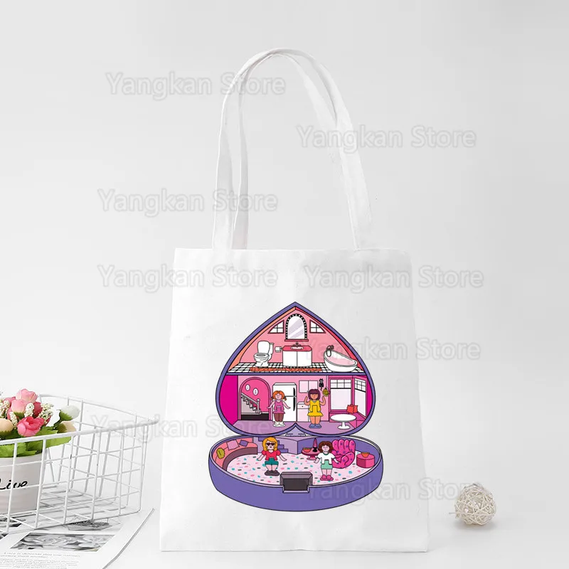 

Сумка-тоут Kawaii Polly Pocket из холщовой ткани, вместительная, для пикника, многоразовая, для книг, для студентов