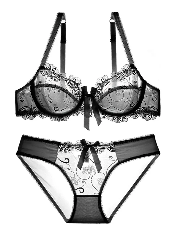 

Ultra-Thin Bra Set, Push-Up for Small Busts, Lace Sexy Lingerie, Tummy-Controlled & Alluring, Sheer Mesh Bra for Women, Spring &
