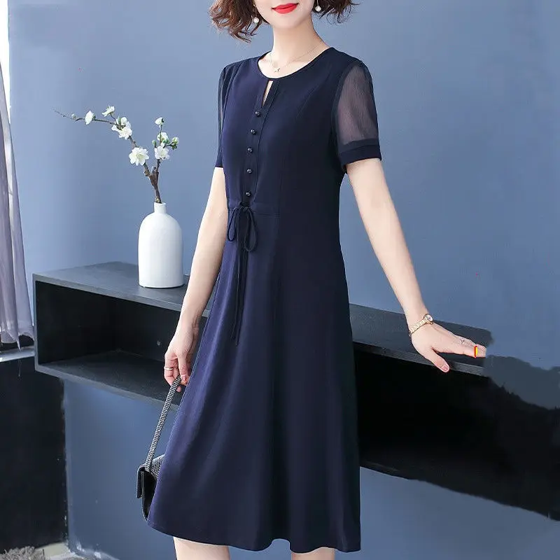 Office Lady Fashion Midi Chiffon Dress Summer New Short Sleeve Elegant Dresses Big Size 5XL Casual Koreon Female Solid Sundress