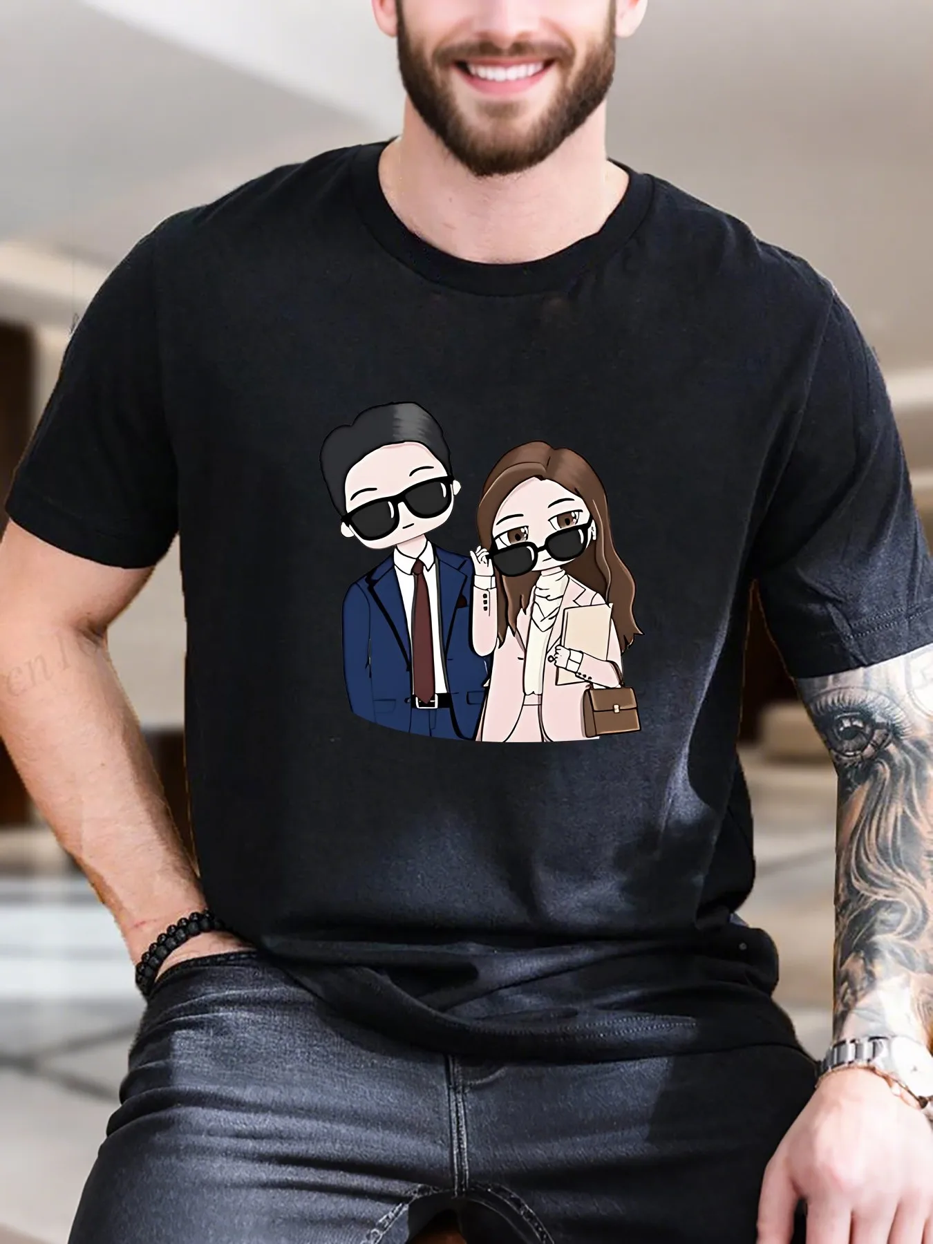 

New Arrival Fashion Men's Printed Cotton T-Shirt Trendy Sunglasses Couple Design Breathable Comfortable for Daily Casual Wear