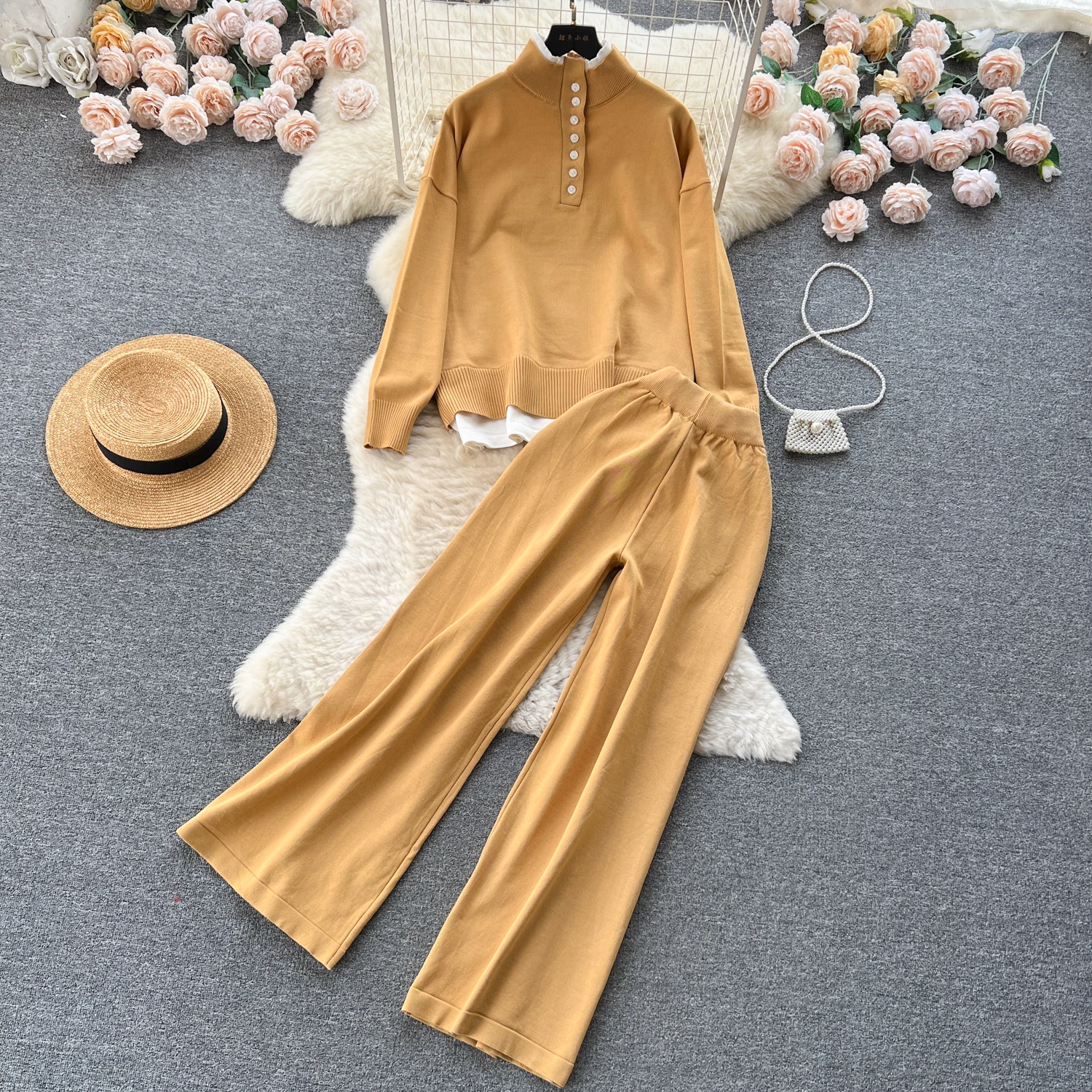 Women Two-Piece Sets Basics Patchwork Long Sleeve Button Top and High Waist Loose Wide Leg Pants Korean Fashion Casual Clothing